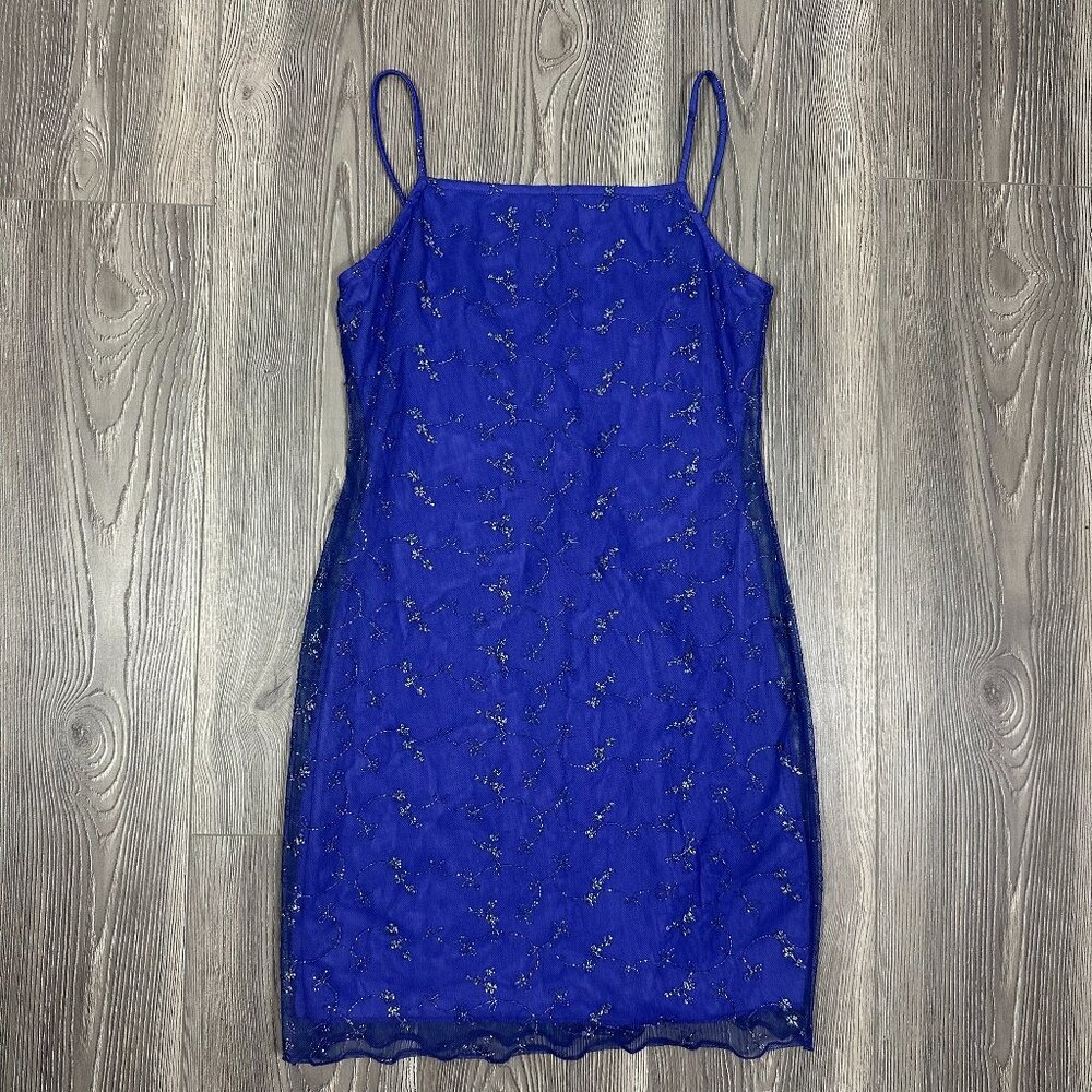 Vintage Steppin’ Out Blue Mesh Embroidered Mini Dress Y2K Spaghetti Strap Slip D